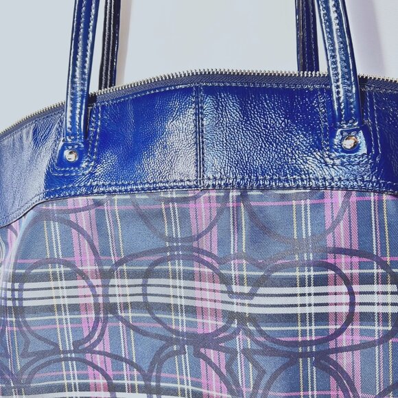 Coach Tote-Plaid-Navy Blue/Pink Mix-G1273-F20109-Large Purse-1 Zip Closure-Light - Picture 9 of 16
